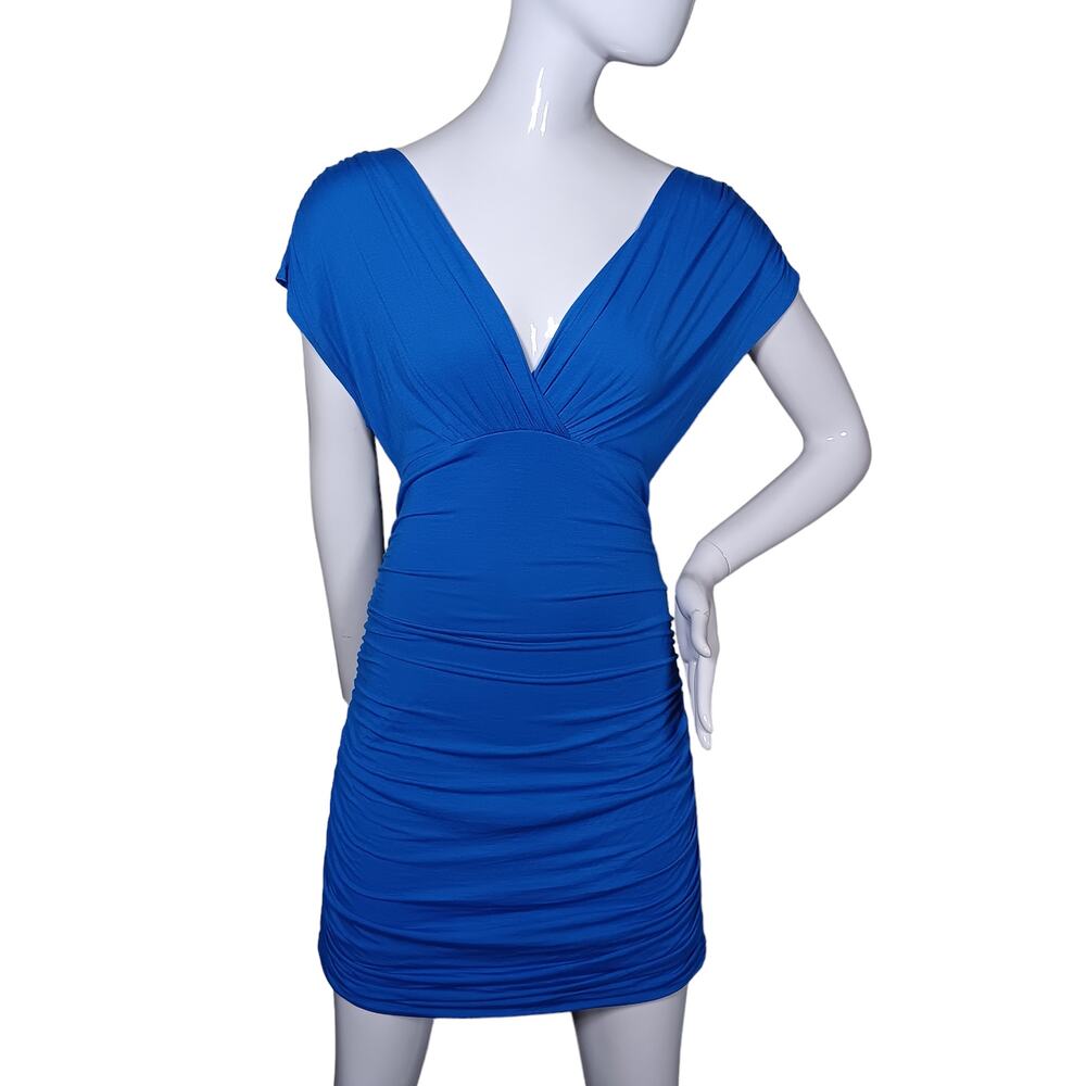 Joyce Leslie Shirred Bodycon Dress Size Large Blue Pluging V Neck Pullover Slit